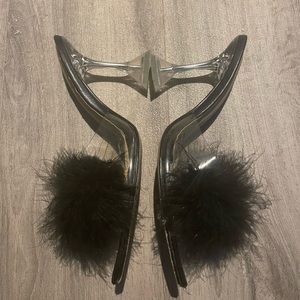 Fluffy feather summer black sandals